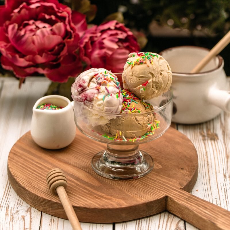 mixed ice cream balls with caramel shavings mixed ice cream balls with caramel shavings